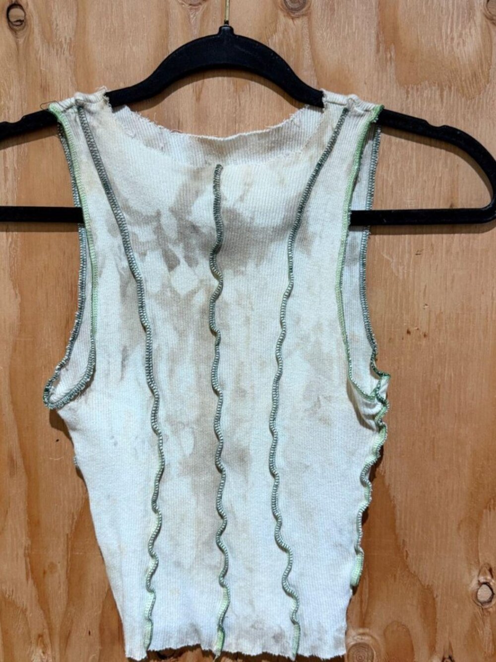 Unbranded White Green Lettuce-Edge Distressed Tank Top S